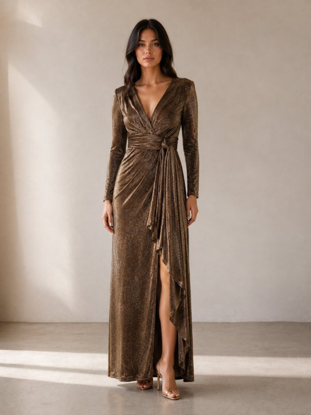 DRESS THE POPULATION Shania Metallic Wrap Mermaid Gown NEW NWT $328 MSRP